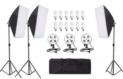 Lumini pentru studio - Kit de 3 softboxuri, soclu de 4 becuri, 3 trepiezi reglabili 200 cm, 12 becuri de 45W, geanta de transport inclusa