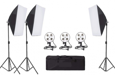 Lumini pentru studio - Kit de 3 softboxuri, soclu de 4 becuri, 3 trepiezi reglabili 200 cm, fara becuri, geanta de transport inclusa