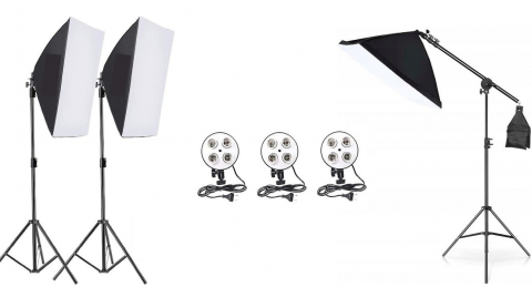 ECHIPAMENTE FOTO - Kit de 3 softboxuri cu macara, soclu de 4 becuri, 3 trepiezi reglabili 200 cm, fara becuri
