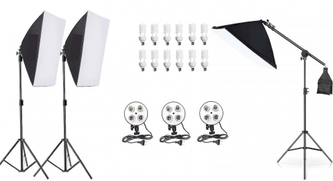 ECHIPAMENTE FOTO - Kit de 3 softboxuri cu macara, soclu de 4 becuri, 3 trepiezi reglabili 200 cm, 12 becuri de 45W