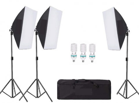 Lumini pentru studio - Kit de 3 softboxuri, 3 trepiezi reglabili 200 cm, 3 becuri 85W, geanta de transport inclusa