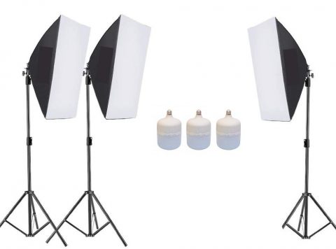 Lumini pentru studio - Kit de 3 softboxuri, 3 trepiezi reglabili 200 cm, 3 becuri LED 50W