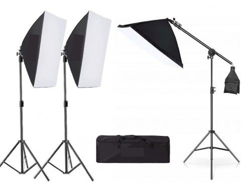 ECHIPAMENTE FOTO - Kit de 3 softboxuri cu macara ajustabila, 3 trepiezi reglabili 200 cm, fara becuri, geanta de transport inclusa