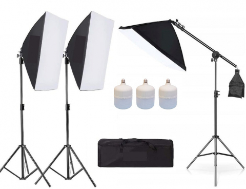 ECHIPAMENTE FOTO - Kit de 3 softboxuri cu macara ajustabila, 3 trepiezi reglabili 200 cm, 3 becuri LED 50W, geanta de transport inclusa