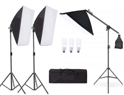 Softbox-uri - Kit de 3 softboxuri cu macara ajustabila, 3 trepiezi reglabili 200 cm, 3 becuri 45W, geanta de transport inclusa