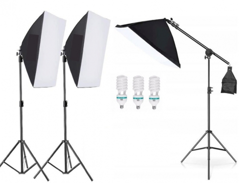 ECHIPAMENTE FOTO - Kit de 3 softboxuri cu macara ajustabila, 3 trepiezi reglabili 200 cm, 3 becuri 85W