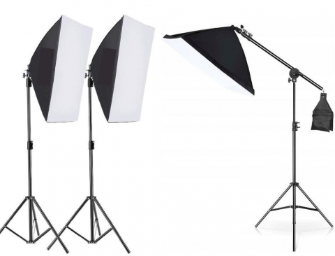 ECHIPAMENTE FOTO - Kit de 3 softboxuri cu macara ajustabila, 3 trepiezi reglabili 200 cm, fara becuri