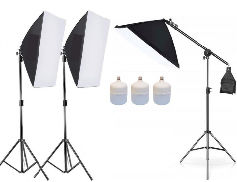 ECHIPAMENTE FOTO - Kit de 3 softboxuri cu macara ajustabila, 3 trepiezi reglabili 200 cm, 3 becuri LED 50W