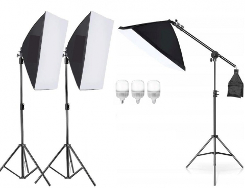 ECHIPAMENTE FOTO - Kit de 3 softboxuri cu macara ajustabila, 3 trepiezi reglabili 200 cm, 3 becuri LED 25W