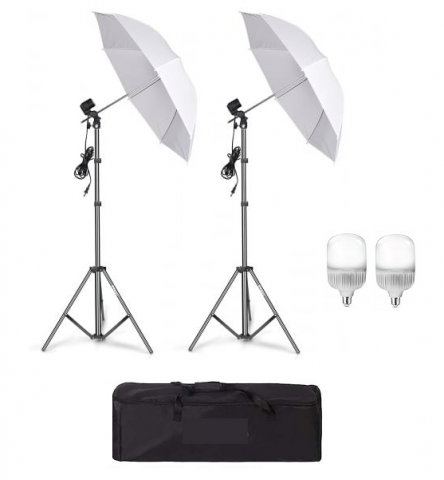 ECHIPAMENTE FOTO - Kit de 2 umbrele albe, 2 trepiezi reglabili 200 cm, 2 becuri LED 25W, geanta de transport inclusa