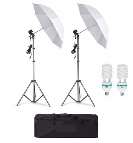 ECHIPAMENTE FOTO - Kit de 2 umbrele albe, 2 trepiezi reglabili 200 cm, 2 becuri 85W, geanta de transport inclusa