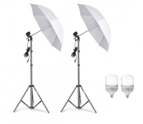 ECHIPAMENTE FOTO - Kit de 2 umbrele albe, 2 trepiezi reglabili 200 cm, 2 becuri LED 25W
