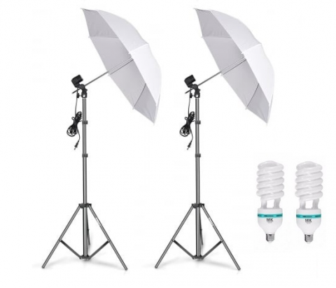 Lumini pentru studio - Kit de 2 umbrele albe, 2 trepiezi reglabili 200 cm, 2 becuri 85W