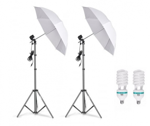 ECHIPAMENTE FOTO - Kit de 2 umbrele albe, 2 trepiezi reglabili 200 cm, 2 becuri 150W