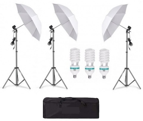 Umbrele foto - Kit de 3 umbrele albe, 3 trepiezi reglabili 200 cm, 3 becuri 150W, geanta de transport inclusa