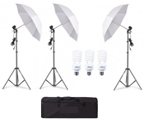 Umbrele foto - Kit de 3 umbrele albe, 3 trepiezi reglabili 200 cm, 3 becuri 45W, geanta de transport inclusa