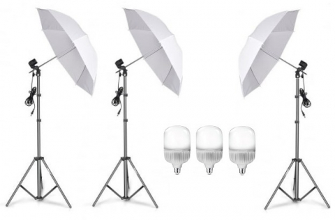 ECHIPAMENTE FOTO - Kit de 3 umbrele albe, 3 trepiezi reglabili 200 cm, 3 becuri LED 25W