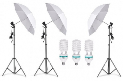 Umbrele foto - Kit de 3 umbrele albe, 3 trepiezi reglabili 200 cm, 3 becuri 150W