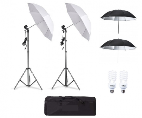 Umbrele foto - Kit de 4 umbrele alb-negru, 2 trepiezi reglabili 200 cm, 2 becuri 45W, geanta de transport inclusa