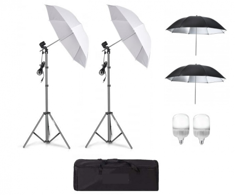 Umbrele foto - Kit de 4 umbrele alb-negru, 2 trepiezi reglabili 200 cm, 2 becuri LED 25W, geanta de transport inclusa