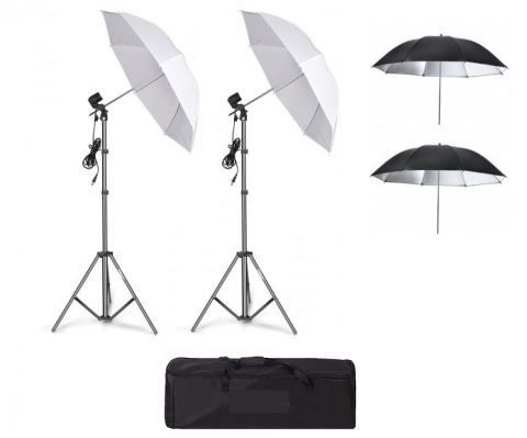 ECHIPAMENTE FOTO - Kit de 4 umbrele alb-negru, 2 trepiezi reglabili 200 cm, fara becuri, geanta de transport inclusa
