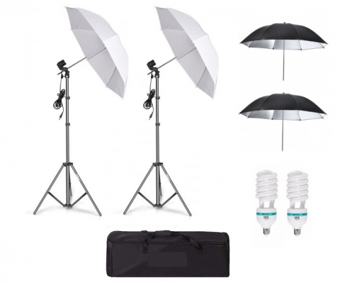 Umbrele foto - Kit de 4 umbrele alb-negru, 2 trepiezi reglabili 200 cm, 2 becuri 150W, geanta de transport inclusa
