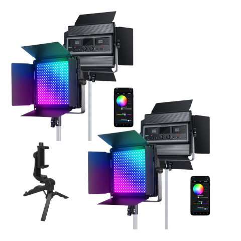 ECHIPAMENTE FOTO - Kit iluminare dual RBG1200 Lampa Video LED RGB 60W 2500K-8500K, 2 panouri pentru studio foto-video, control prin aplicatie, 1 mini trepied inclus