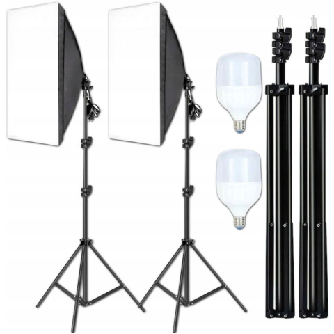 ECHIPAMENTE FOTO - Kit iluminare foto-video cu 2 softbox-uri profesionale, lumina naturala 5500K, becuri 30W, stative 95-200 cm, negru