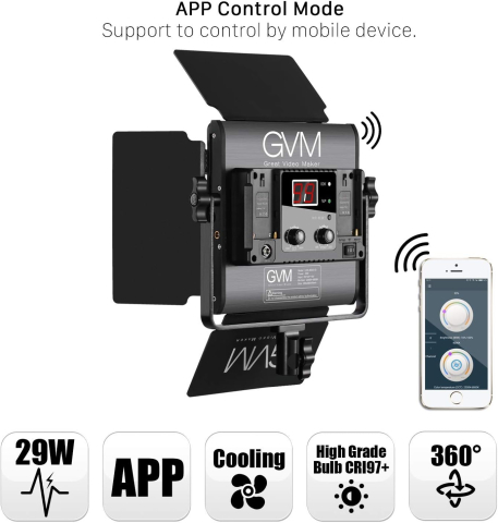 Kit iluminare foto-video GVM cu 2 panouri LED 480, CRI97+, TLCI97, 2300K-6800K, luminozitate reglabila, stative si geanta transport [6]