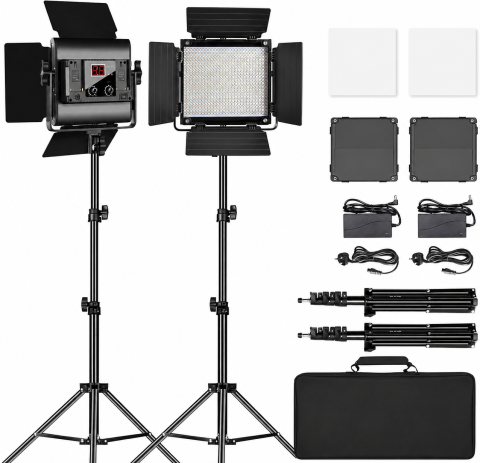 Iluminat LED - Kit iluminare foto-video GVM cu 2 panouri LED 480, CRI97+, TLCI97, 2300K-6800K, luminozitate reglabila, stative si geanta transport