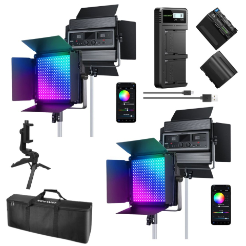 ECHIPAMENTE FOTO - Kit iluminare profesionala RGB 2 x 60W, 2500K-8500K, cu 2 baterii NP-F970 6600mAh, incarcator dual rapid, geanta transport si mini trepied pentru smartphone