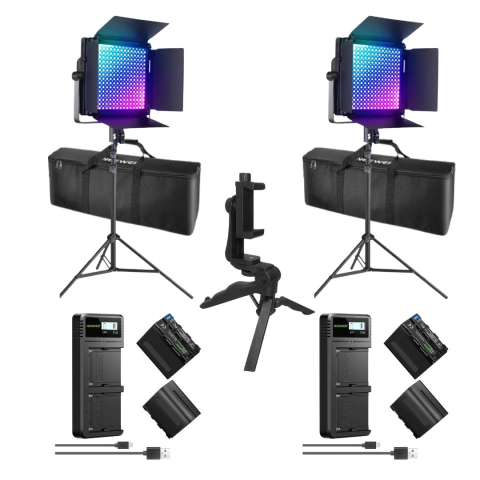ECHIPAMENTE FOTO - Kit iluminare profesionala RGB 2 x 60W, 2500K-8500K, cu 2 trepiede, 4 baterii NP-F970 6600mAh, 2 incarcatoare rapide, 2 genti transport si mini trepied