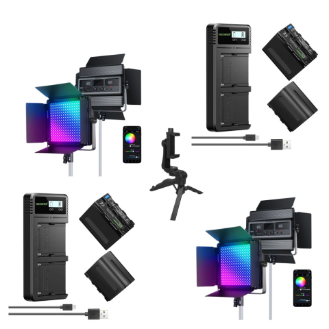 ECHIPAMENTE FOTO - Kit iluminare profesionala RGB 2 x 60W, 2500K-8500K, cu 4 baterii NP-F970 6600mAh, 2 incarcatoare rapide, mini trepied si control prin aplicatie