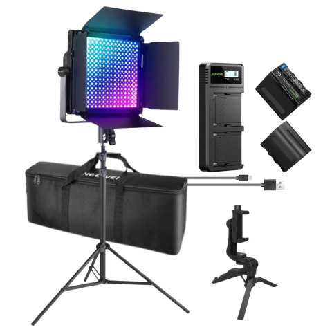 ECHIPAMENTE FOTO - Kit iluminare profesionala RGB 60W cu 2 baterii NP-F970, geanta, incarcator dual rapid si mini trepied pentru smartphone, control prin aplicatie