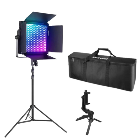 ECHIPAMENTE FOTO - Kit iluminare profesionala RGB 60W cu trepied reglabil, geanta transport si mini trepied pentru smartphone, control prin aplicatie