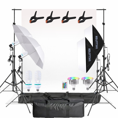 Kit studio complet - Kit iluminare studio cu fundal alb, 2 softboxuri, 2 umbrele, 2 becuri fluorescente 150W si 2 LED RGB 45W, stative 200 cm si genti transport