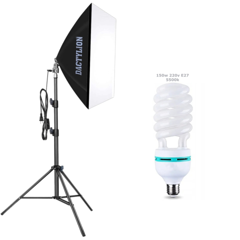 Softbox-uri - Kit Iluminat Studio Foto-Video: Softbox Dreptunghiular, Bec 150W 5500K, Stativ Reglabil 200 cm, Soclu E27