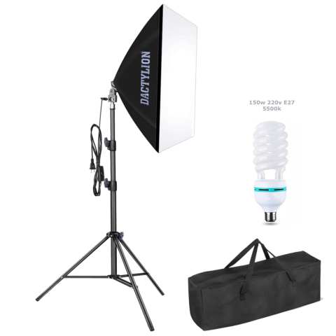 ECHIPAMENTE FOTO - Kit Iluminat Studio Foto-Video: Softbox Dreptunghiular, Bec 150W 5500K, Stativ Reglabil 200 cm, Soclu E27, Aluminiu Negru