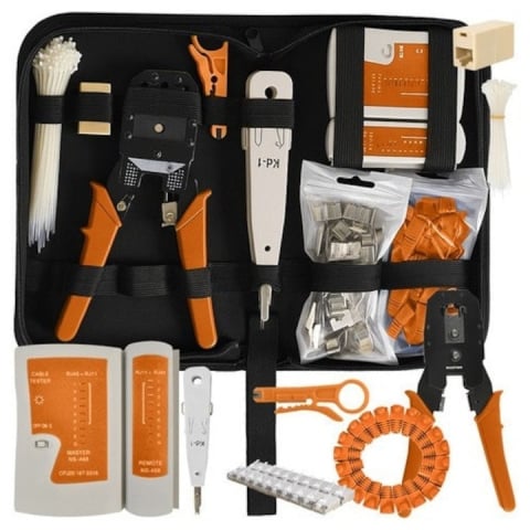 ELECTRONICE - Kit instrumente de retea si tester cabluri 2 in 1, 145 piese, compatibil mufe RJ45/RJ11, cu husa depozitare, 27x15.5x6 cm, negru