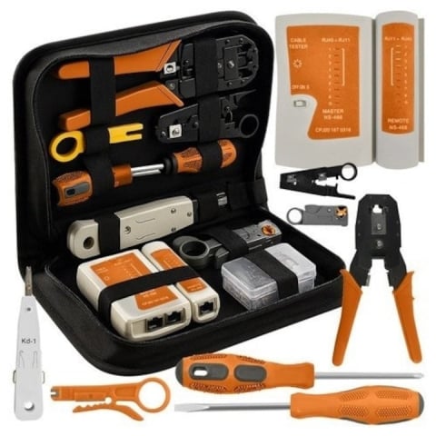 ELECTRONICE - Kit instrumente de retea si tester cabluri XXL, compatibil mufe RJ45/RJ11, cu husa depozitare, 27x15.5x6 cm, negru-portocaliu