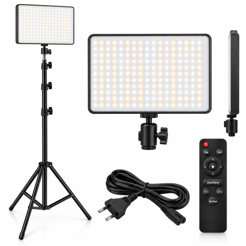Iluminat LED - Kit lampa LED video neagra 23 x 16 x 3 cm cu trepied 2 m, telecomanda, lumina reglabila 2500K-8500K