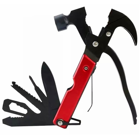 Kit multifunctional de camping si drumetii 17 in 1, set compact pliabil cu lanterna, briceag, busola, fluier si accesorii outdoor, rosu [2]