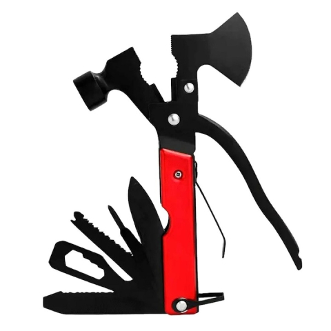 Kit multifunctional de camping si drumetii 17 in 1, set compact pliabil cu lanterna, briceag, busola, fluier si accesorii outdoor, rosu