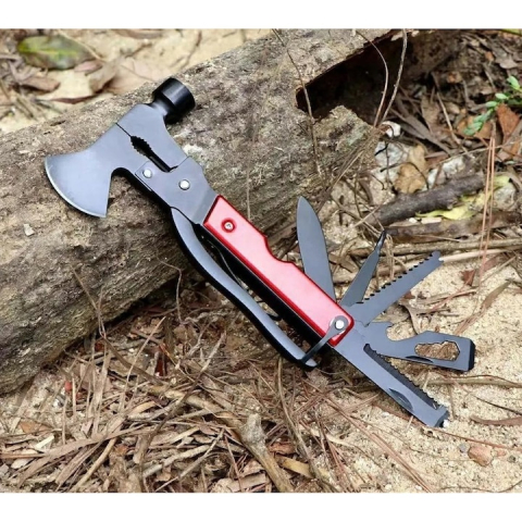 Kit multifunctional de camping si drumetii 17 in 1, set compact pliabil cu lanterna, briceag, busola, fluier si accesorii outdoor, rosu [1]