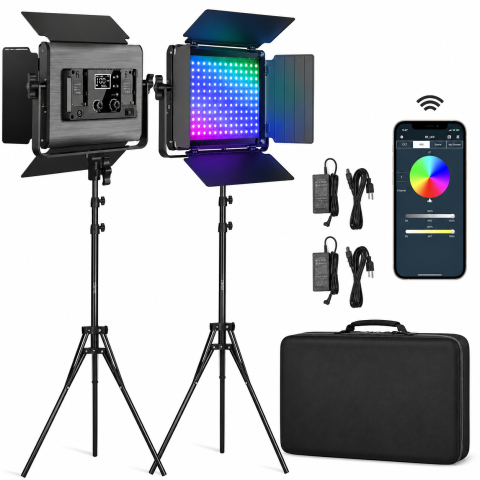 ECHIPAMENTE FOTO - Kit profesional cu 2 lumini video LED RGB GVM 680RS, 50W fiecare, control prin aplicatie, CRI97+, 3200K-5600K, stative reglabile, geanta transport