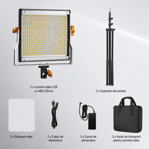 Kit profesional iluminare studio cu 2 panouri LED video, suporturi reglabile, difuzoare si genti transport, lumina bicolora 3200K-5600K, CRI 96+ [1]