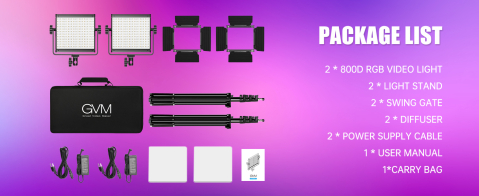 Kit profesional iluminare studio cu 2 panouri video RGB GVM 800D, 3200K-5600K, CRI 97+, control prin aplicatie, stative, difuzoare si geanta transport [3]