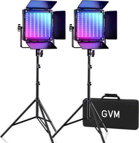 Kit studio complet - Kit profesional iluminare studio cu 2 panouri video RGB GVM 800D, 3200K-5600K, CRI 97+, control prin aplicatie, stative, difuzoare si geanta transport
