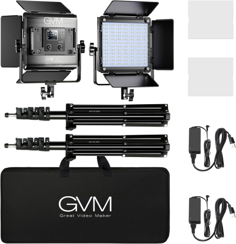 Kit profesional iluminare studio cu 2 panouri video RGB GVM 800D, 3200K-5600K, CRI 97+, control prin aplicatie, stative, difuzoare si geanta transport [2]