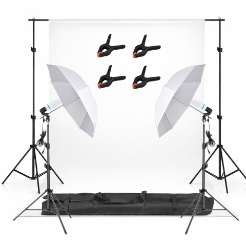 ECHIPAMENTE FOTO - Kit profesional iluminare studio cu fundal alb, sistem 2x150W 5500K, stative 200 cm, umbrele reflexie si accesorii complete pentru fotografie si video